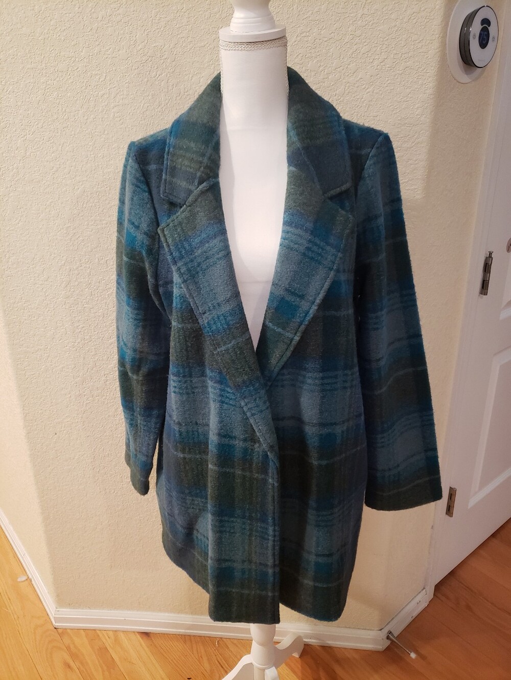 Rachel Zoe Teal and Dark Green Plaid Wool-Blend Pea Coat